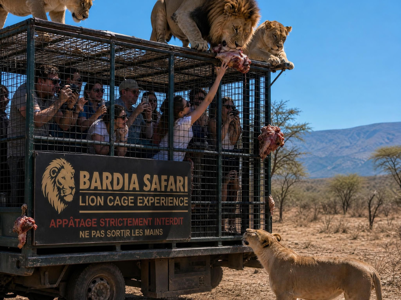 Safari en cage avec appâtage des lions